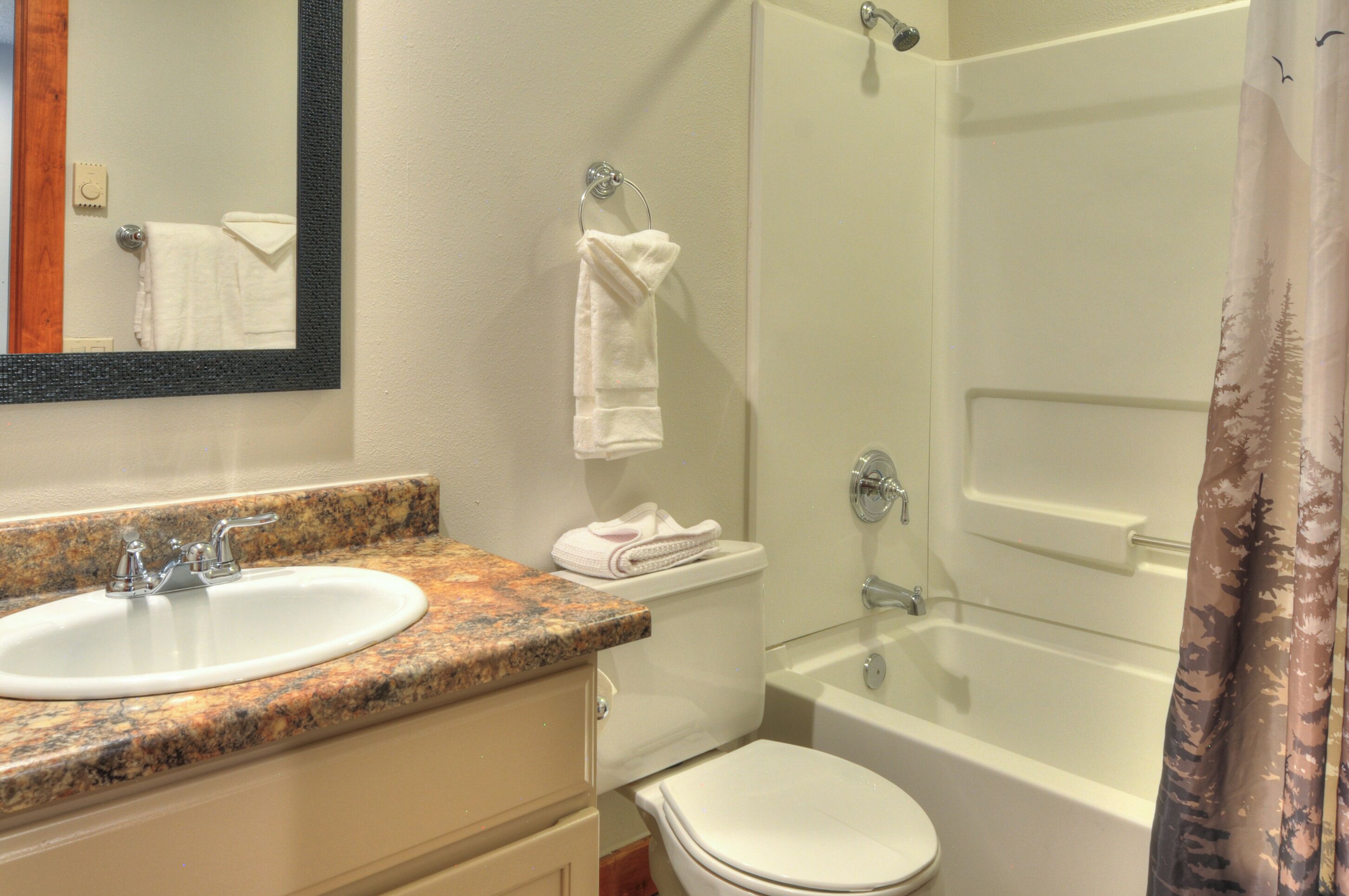 A bathroom with a granite countertop sink, a toilet, a glass shower enclosure, and a mirror.