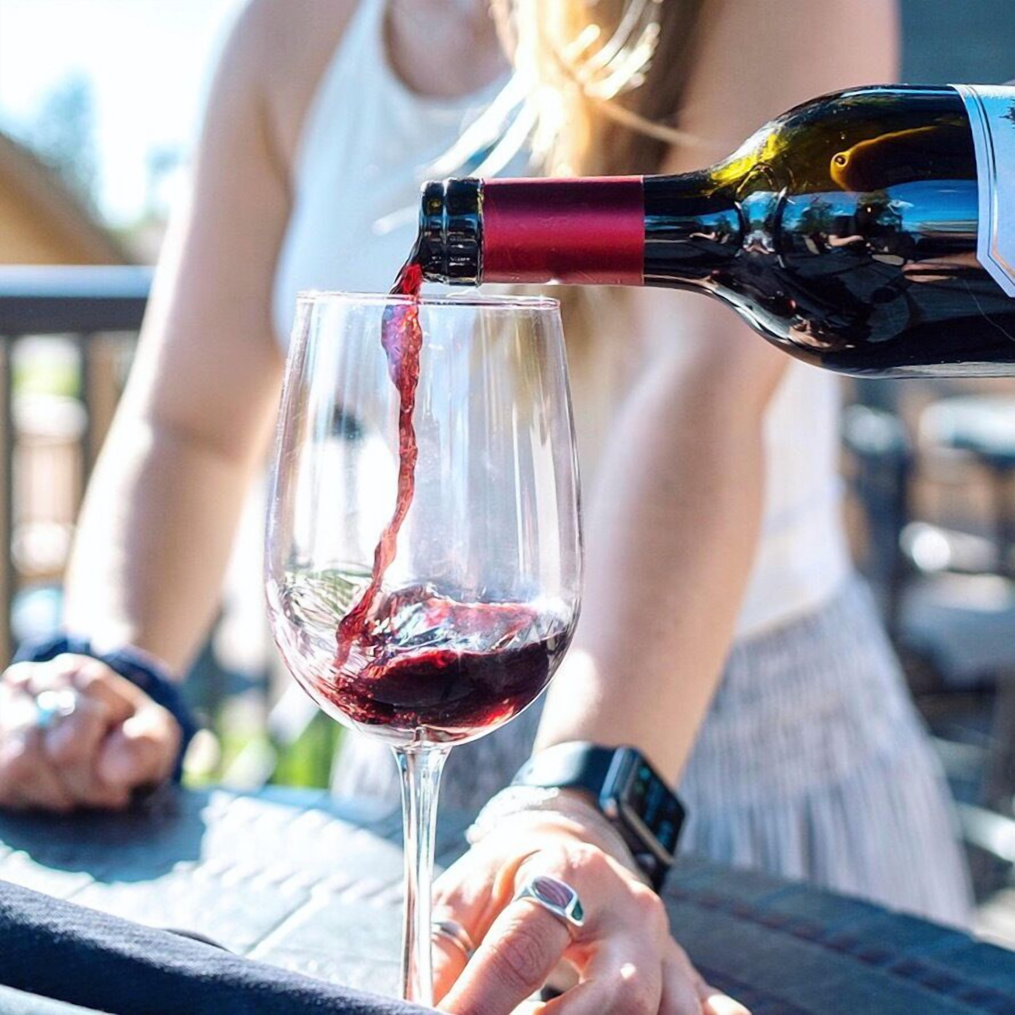 A person pouring red wine into a glass.