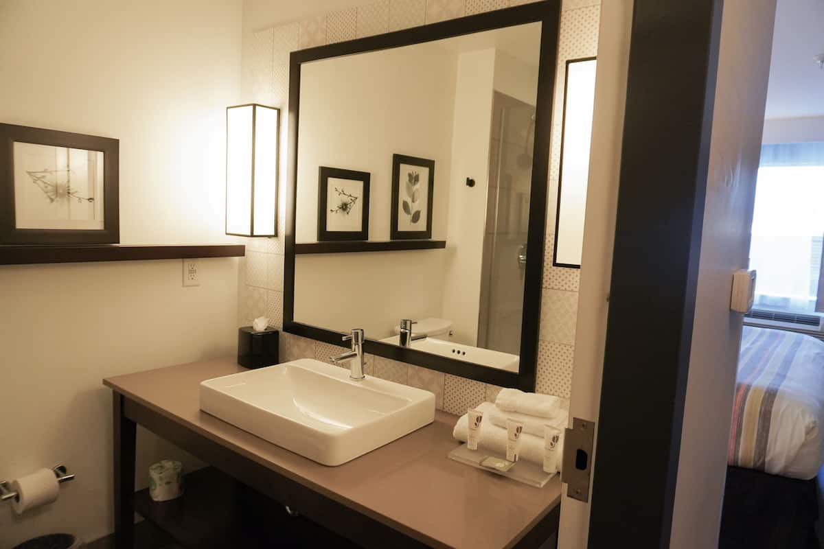 A hotel bathroom with a large mirror, a sink, a toilet, and a towel rack.