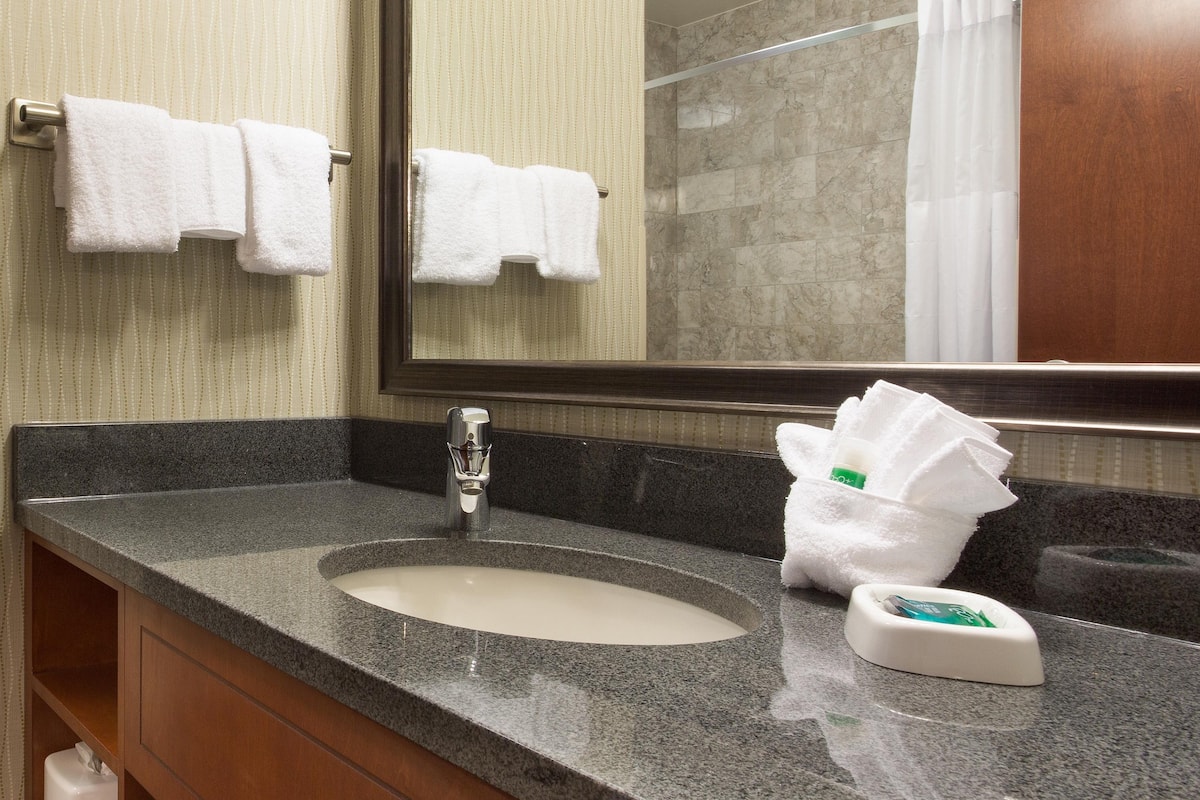 combined shower/bathtub, free toiletries, hair dryer, towels