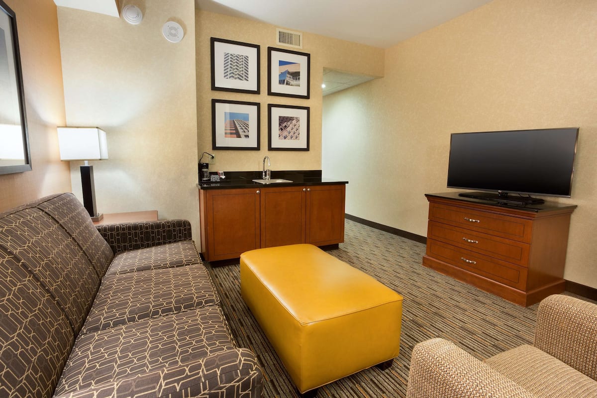 1 bedroom, desk, blackout curtains, iron/ironing board