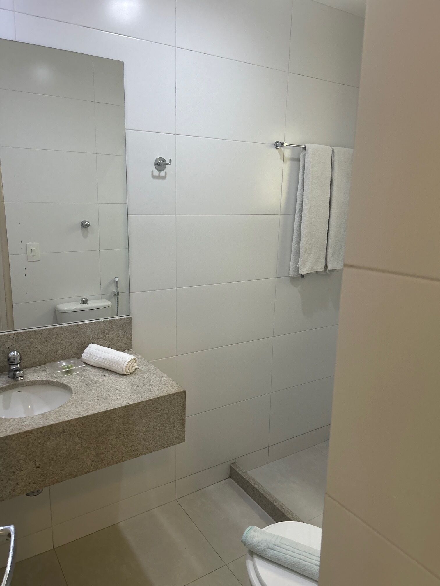 Une salle de bain équipée d’un lavabo, d’un miroir, de toilettes et d’un porte-serviettes.