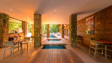 Outdoor pool, a heated pool, sun loungers