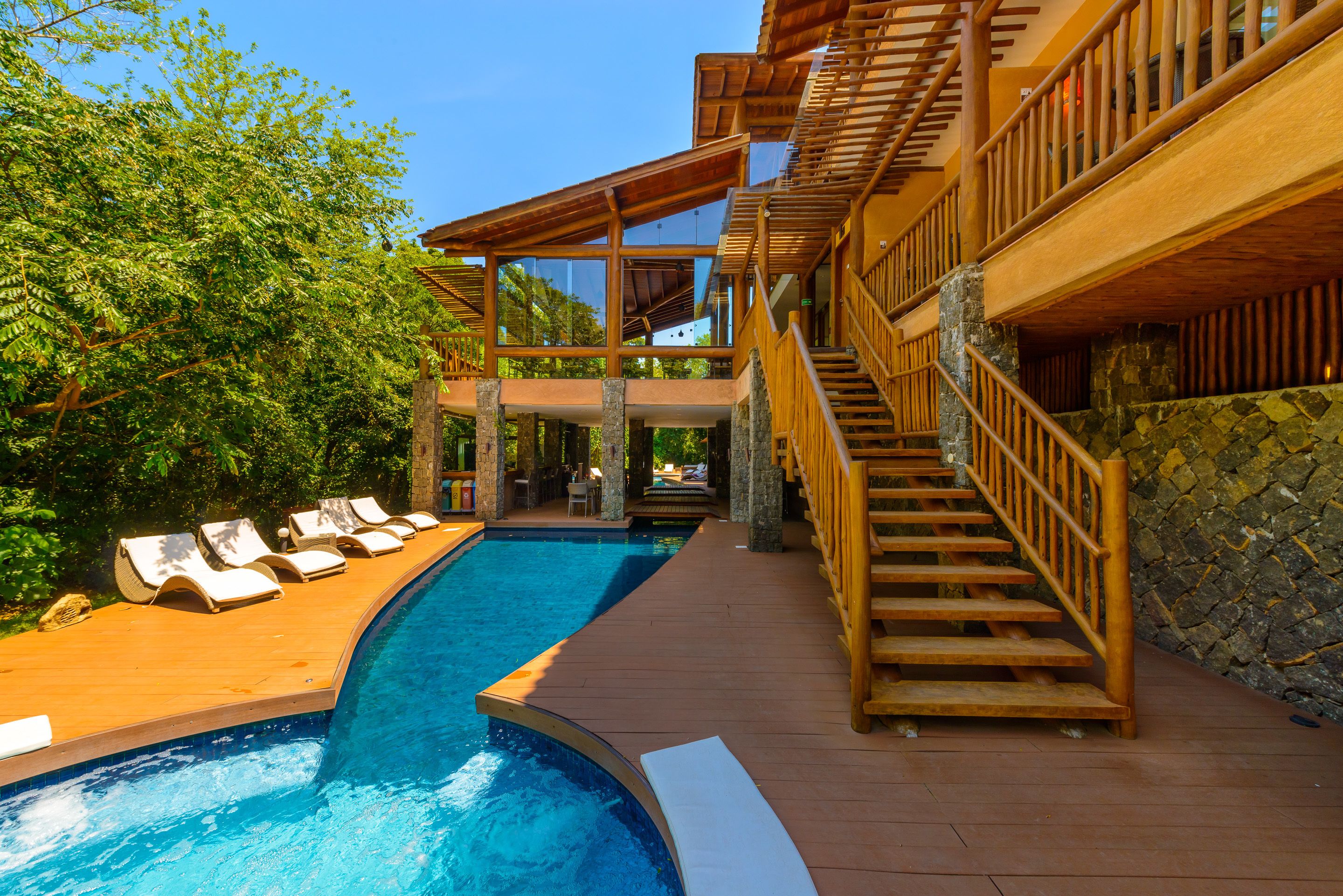 Outdoor pool, a heated pool, pool loungers