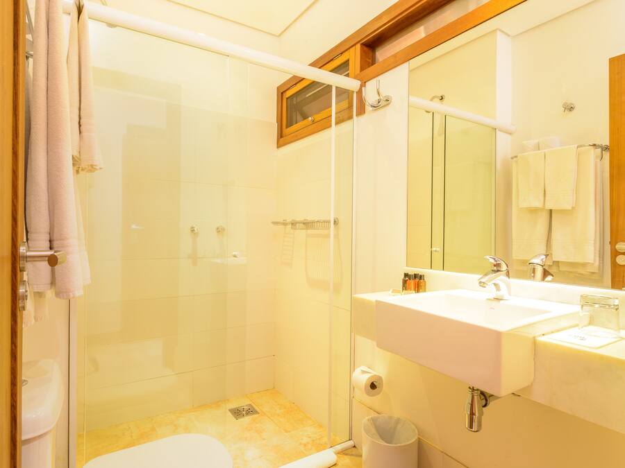 Een badkamer met een douchecabine van glas, een witte wastafel en een spiegel boven de wastafel.