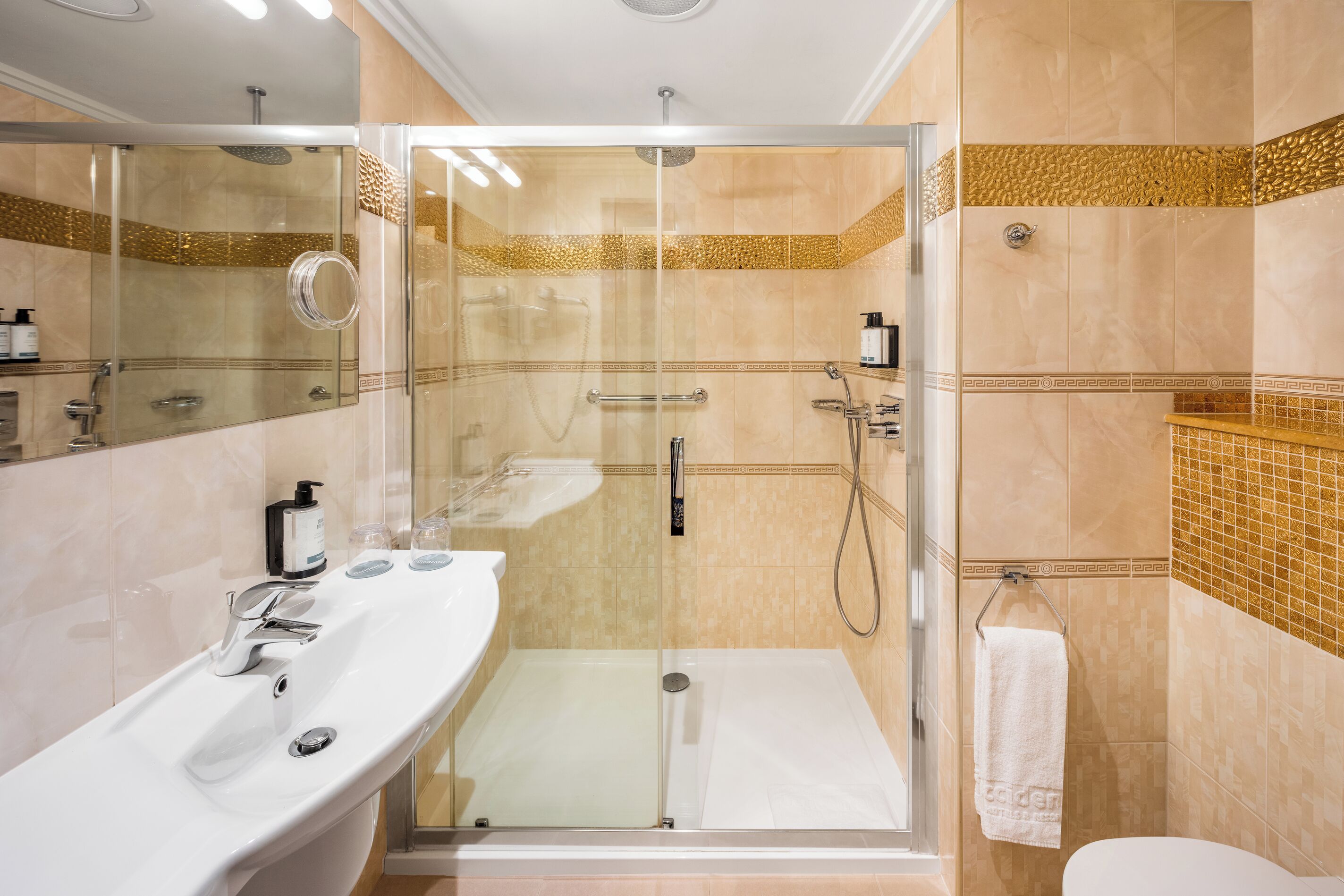 eco-friendly toiletries, hair dryer, towels