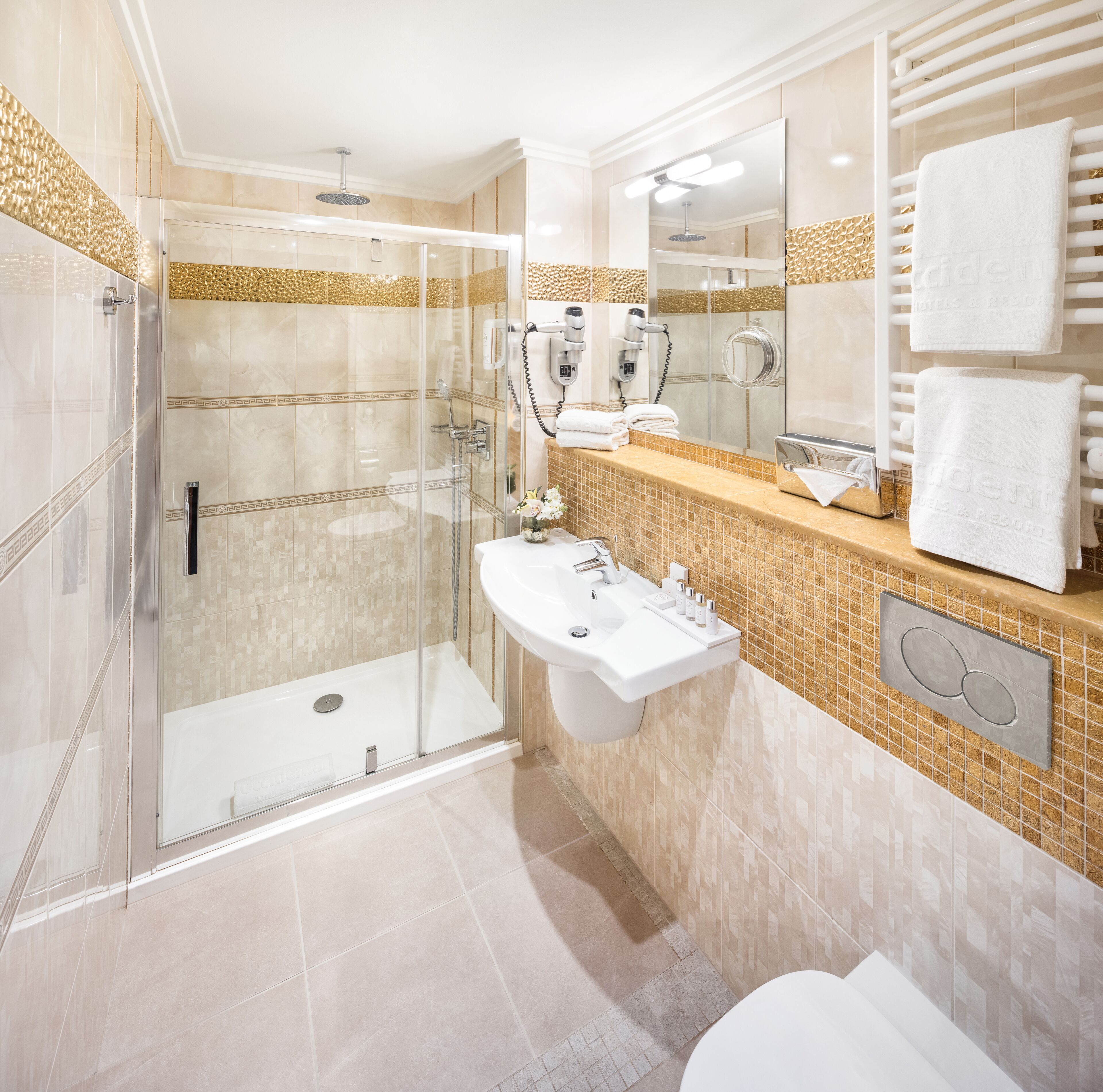 eco-friendly toiletries, hair dryer, towels