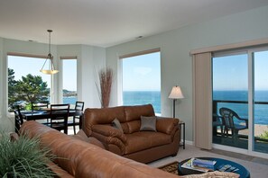 Top Floor Condo, 2 Bedrooms, Kitchen, Ocean View (Snuggle Up) | Living room | Flat-screen TV, fireplace, DVD player - Keystone Vacation Rentals-Ocean View Condos (Depoe Bay)