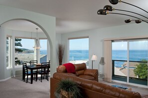 Second Floor Condo, 2 Bedrooms, Kitchen, Ocean View (Snuggle Inn) | Living area | Flat-screen TV, fireplace, DVD player - Keystone Vacation Rentals-Ocean View Condos (Depoe Bay)