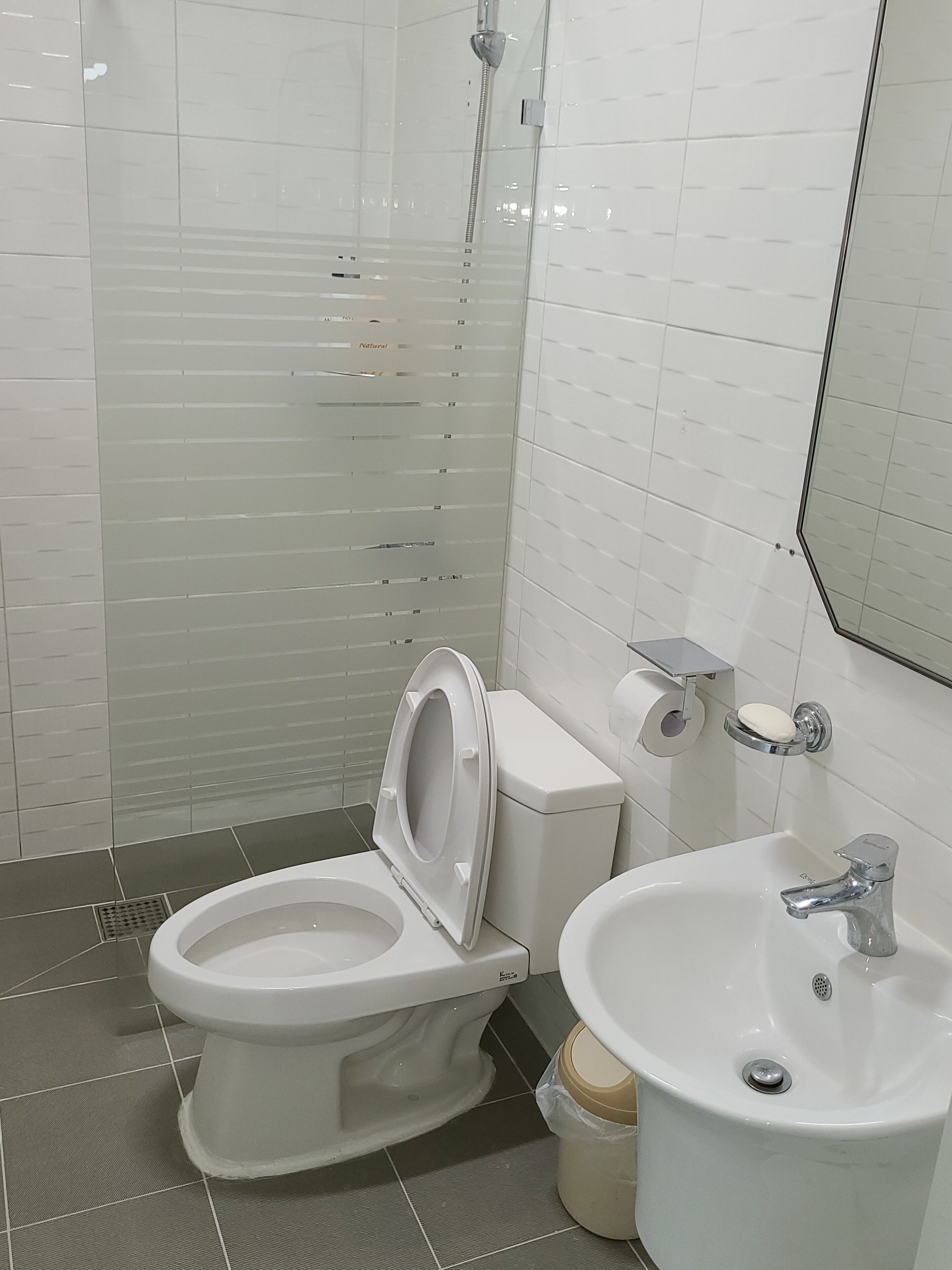 Ein modernes Badezimmer mit Toilette, Waschbecken und Dusche.