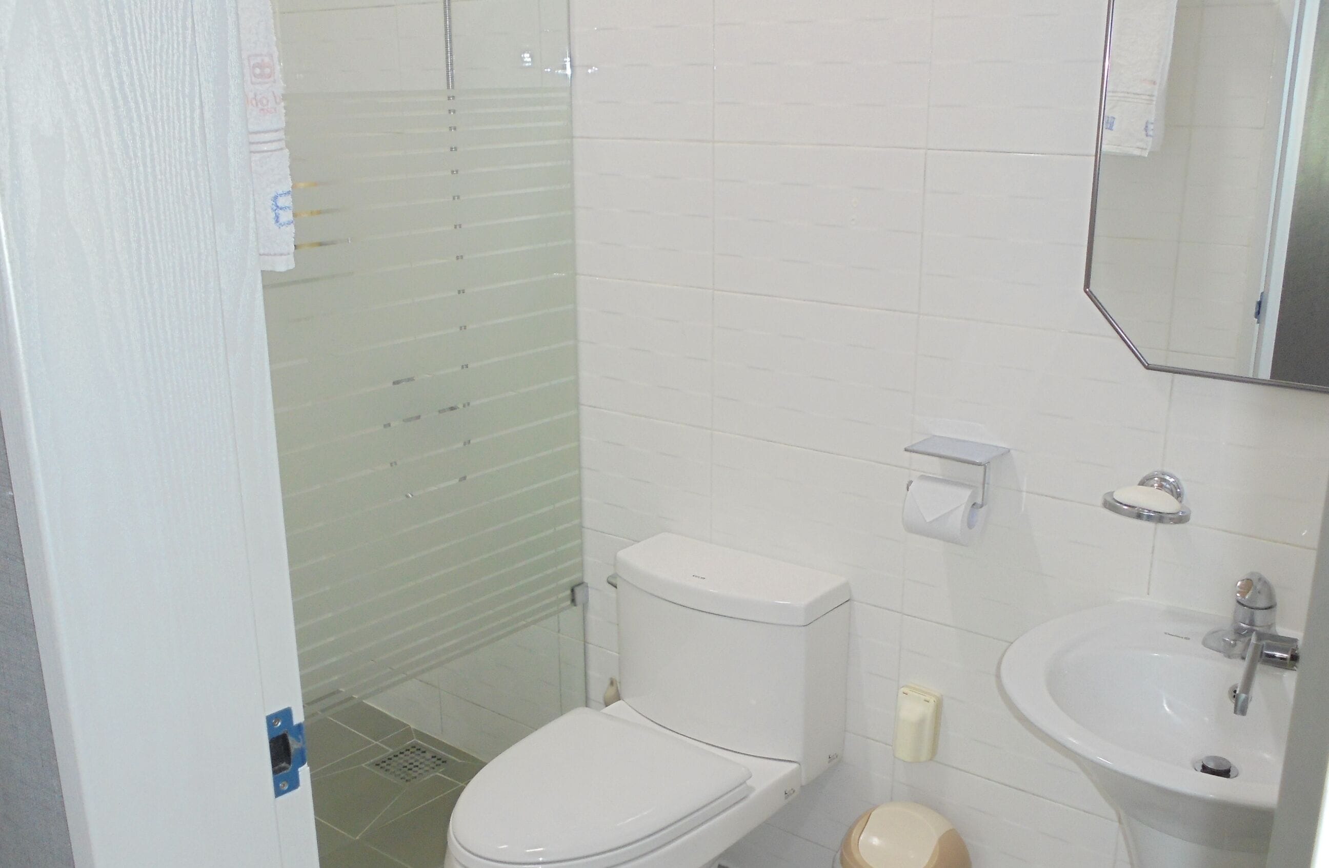 Un baño con inodoro, lavabo y cabina de ducha de vidrio.
