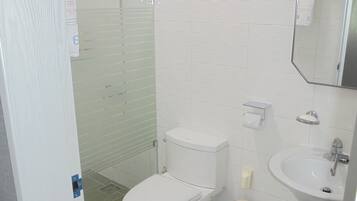Un baño con inodoro, lavabo y cabina de ducha de vidrio.