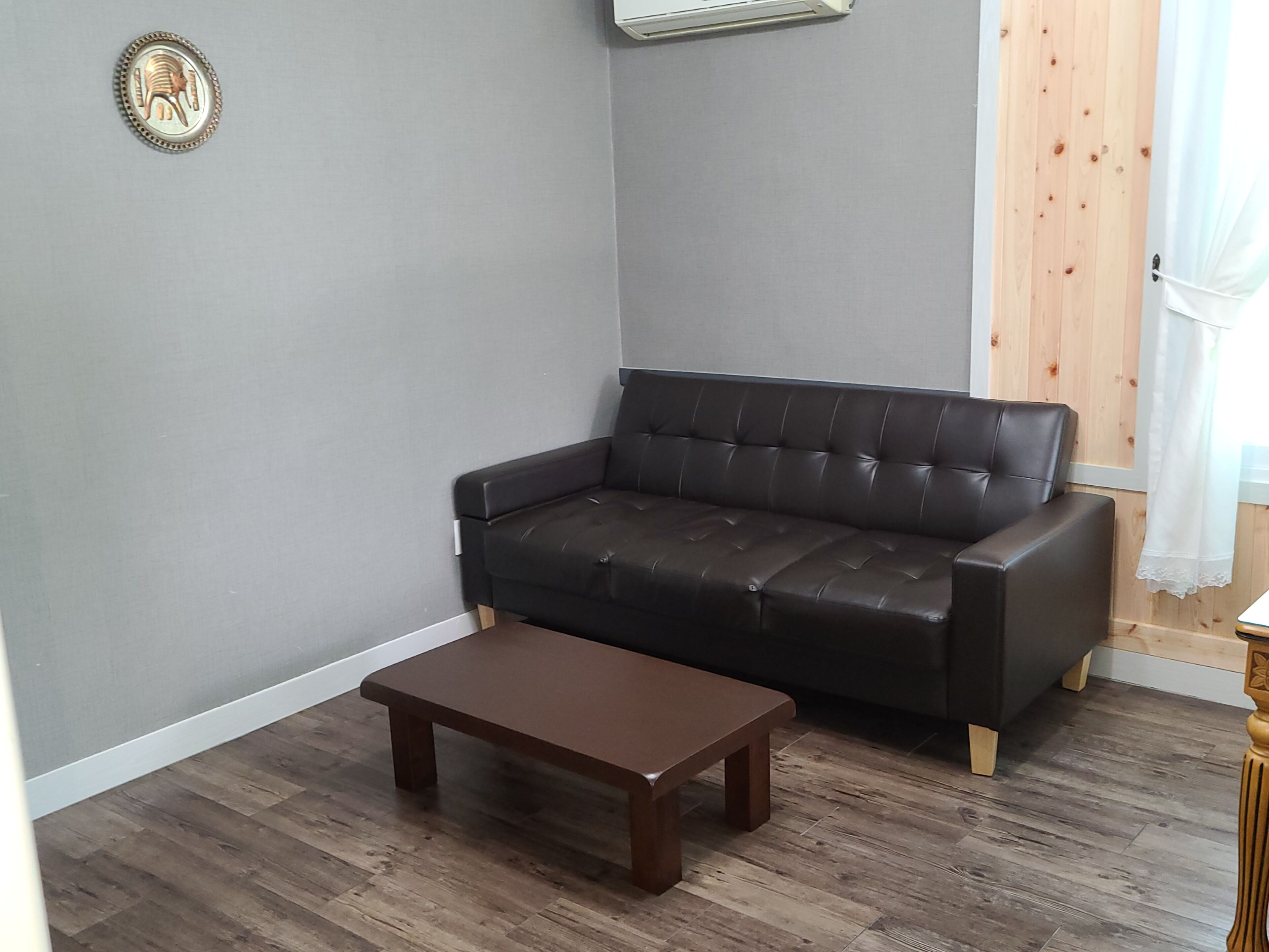 Een woonkamer met een donkerbruine leren bank, een houten salontafel en een grijze wand.