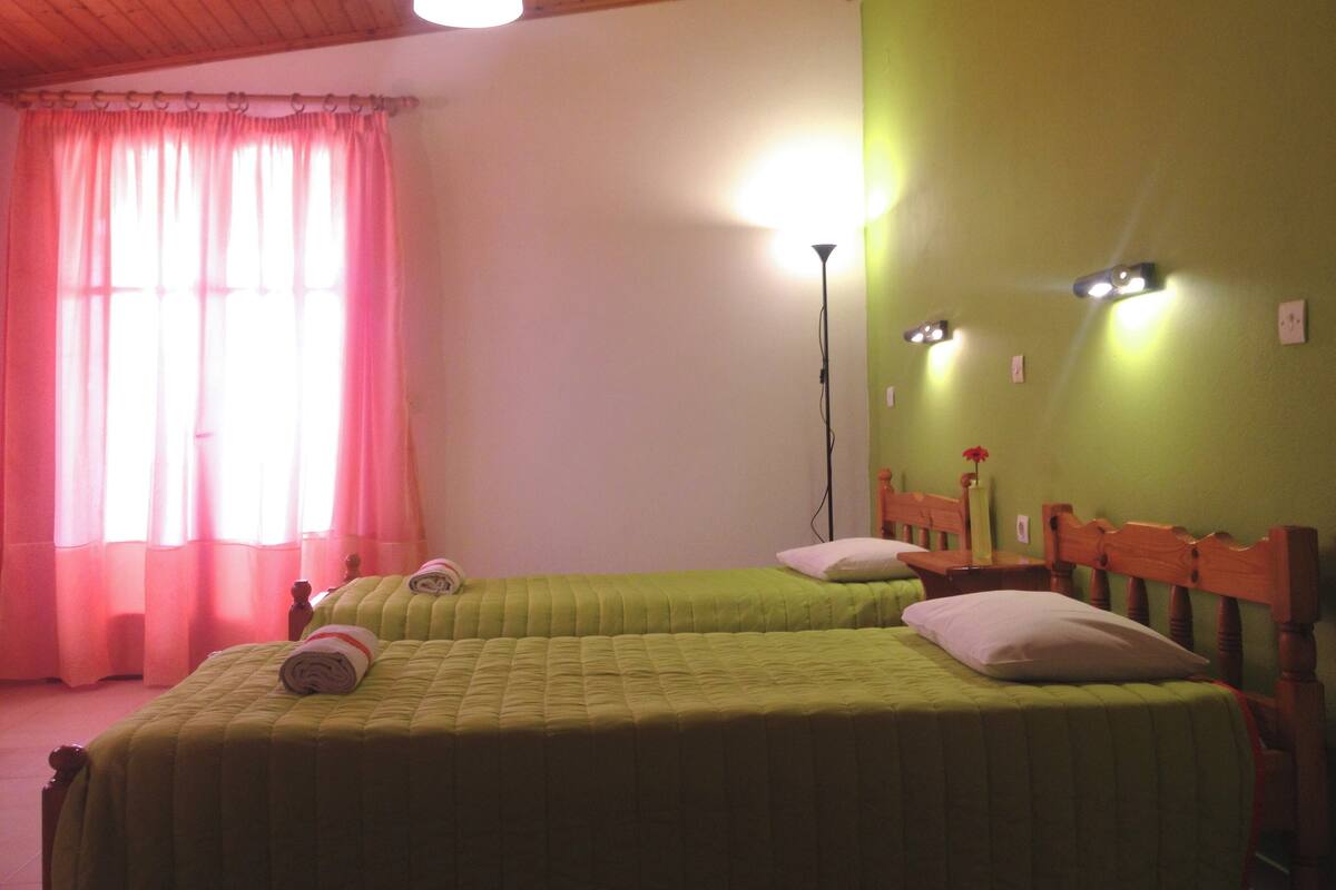 A room with two beds, a wooden ceiling, a floor lamp, and a green wall.