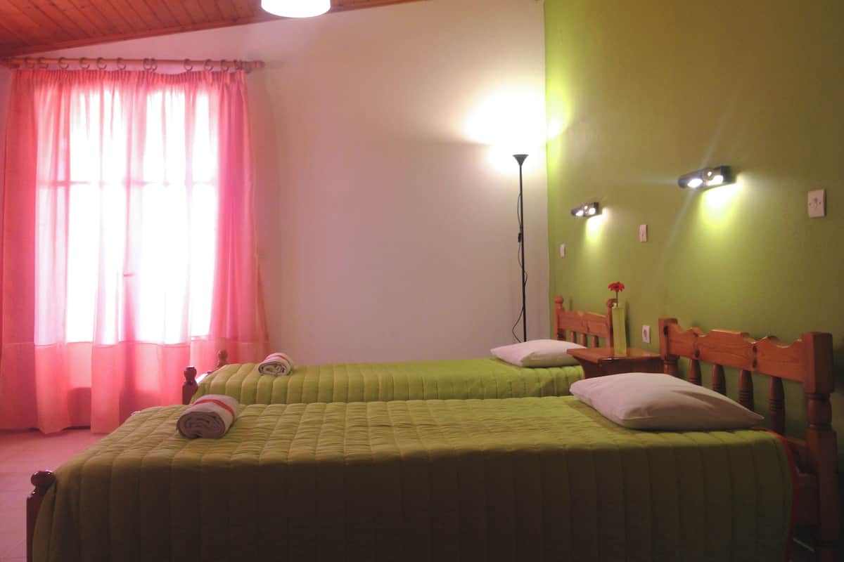 Une chambre avec deux lits, un plafond en bois, une lampe sur pied et un mur vert.