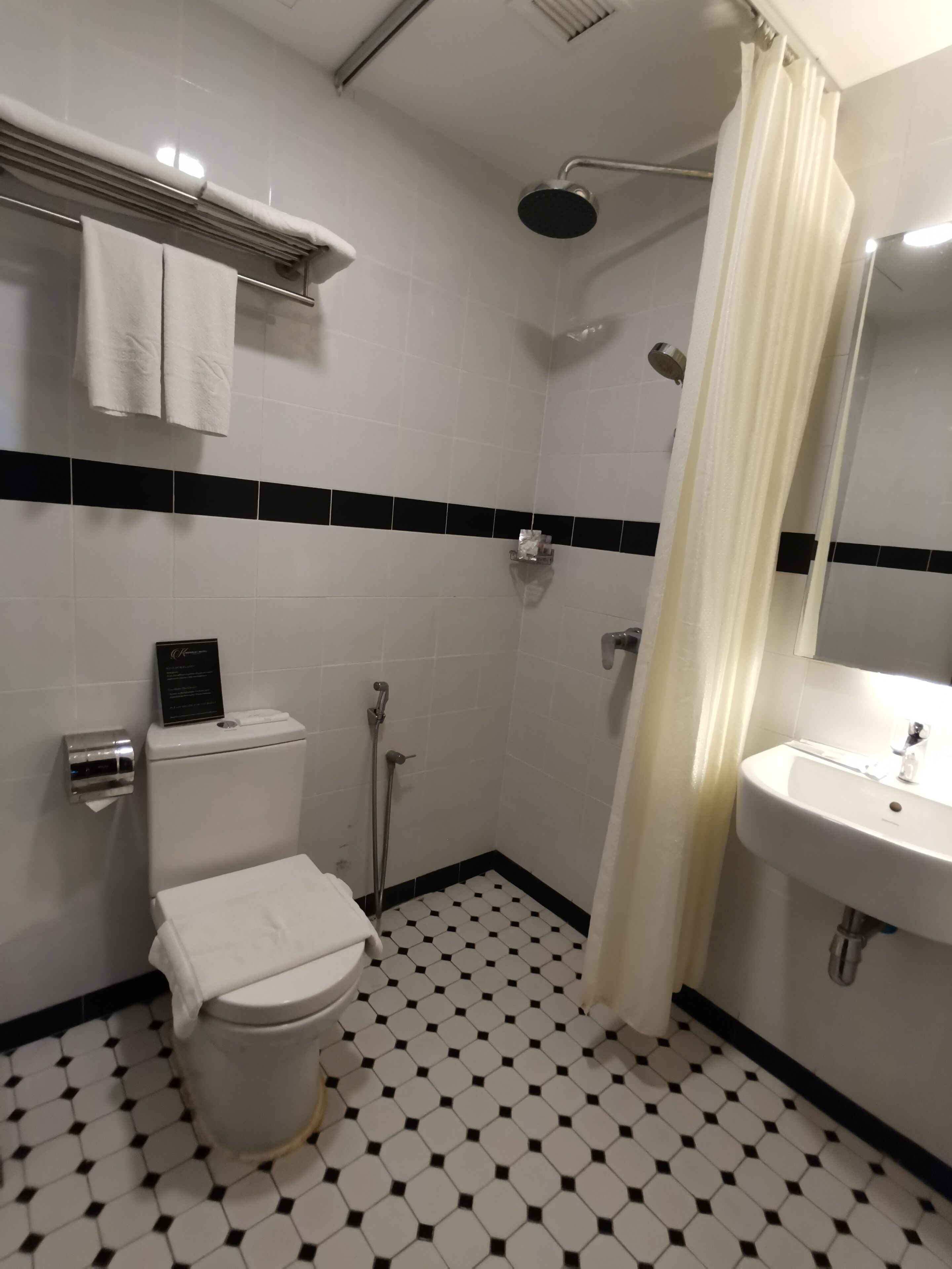 Une salle de bain avec des toilettes, une douche et un lavabo.