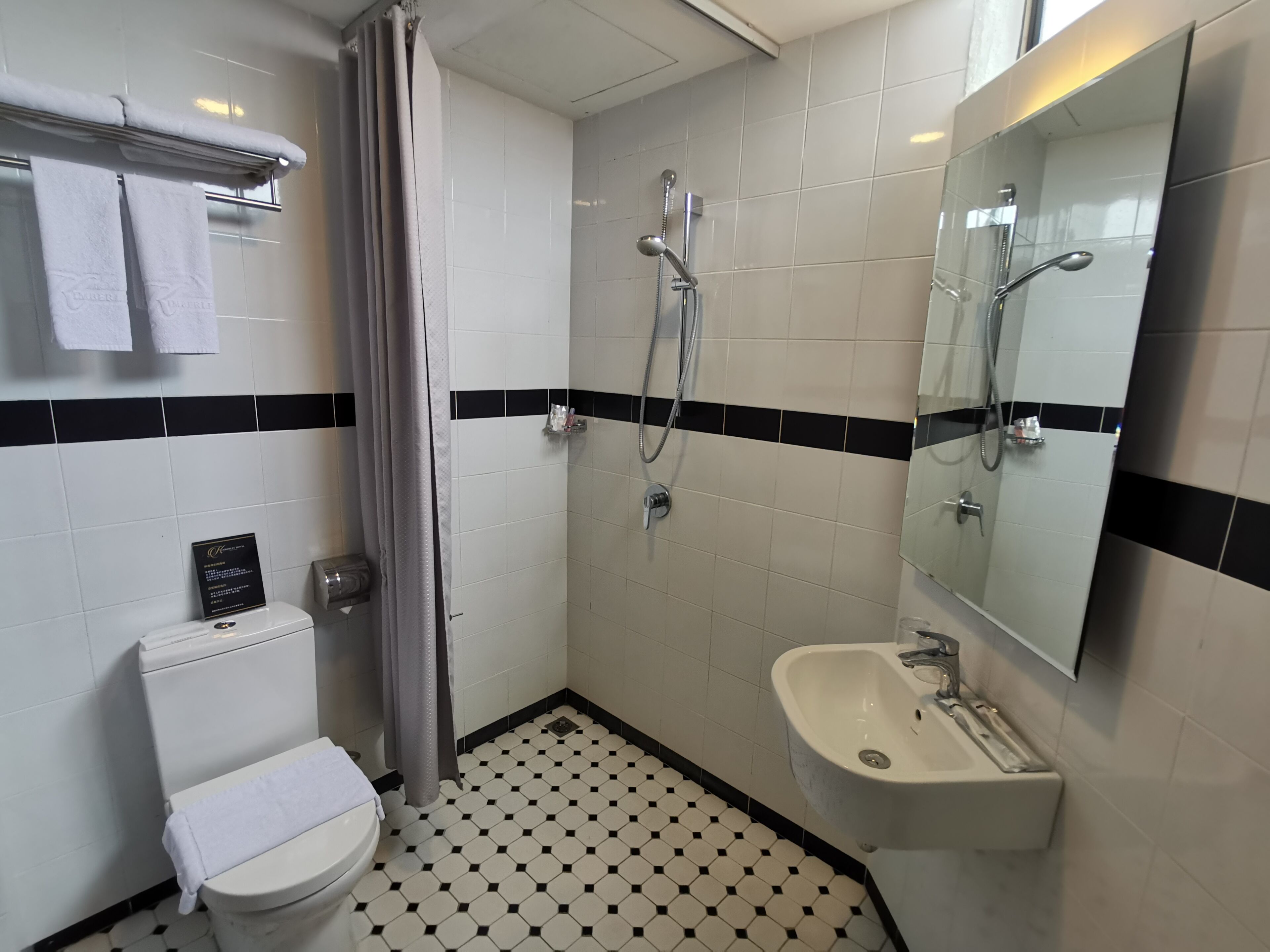 Un baño con inodoro, ducha, lavabo y espejo.