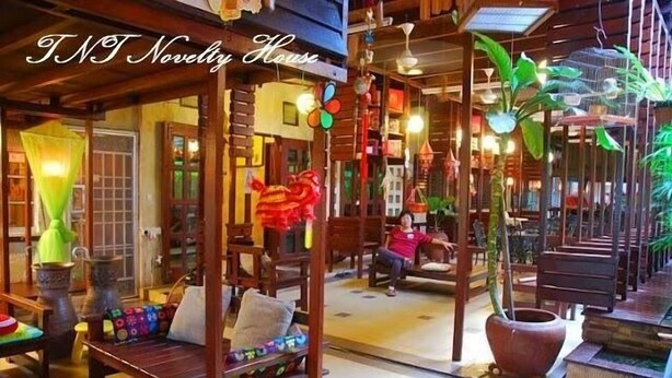 A cozy, well-lit room with wooden furniture, a large potted plant, and hanging decorations. - TnT Novelty House (Teluk Intan)