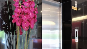 A modern elevator with a digital display, a trash bin, and a potted orchid plant. - Tumike Hotel Bentong (Bentong)