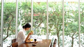 A person sitting at a table with a meal, large windows, and greenery outside. - 7 Days Hotel Plus (Kochi)
