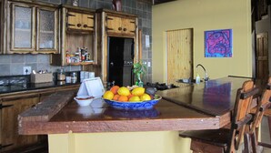 A kitchen with wooden cabinets, a built-in refrigerator, a bowl of fruit on the counter, and a sink. - Marula Cottage (Thabazimbi)