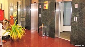 A lobby with three elevators, a potted plant, and a small table with a vase. - Maxandrea Hotel (Cagayan de Oro)