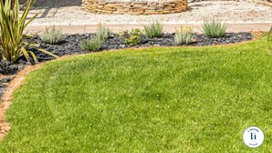 Un patio con una palmera, mobiliario exterior y un hogar de piedra.