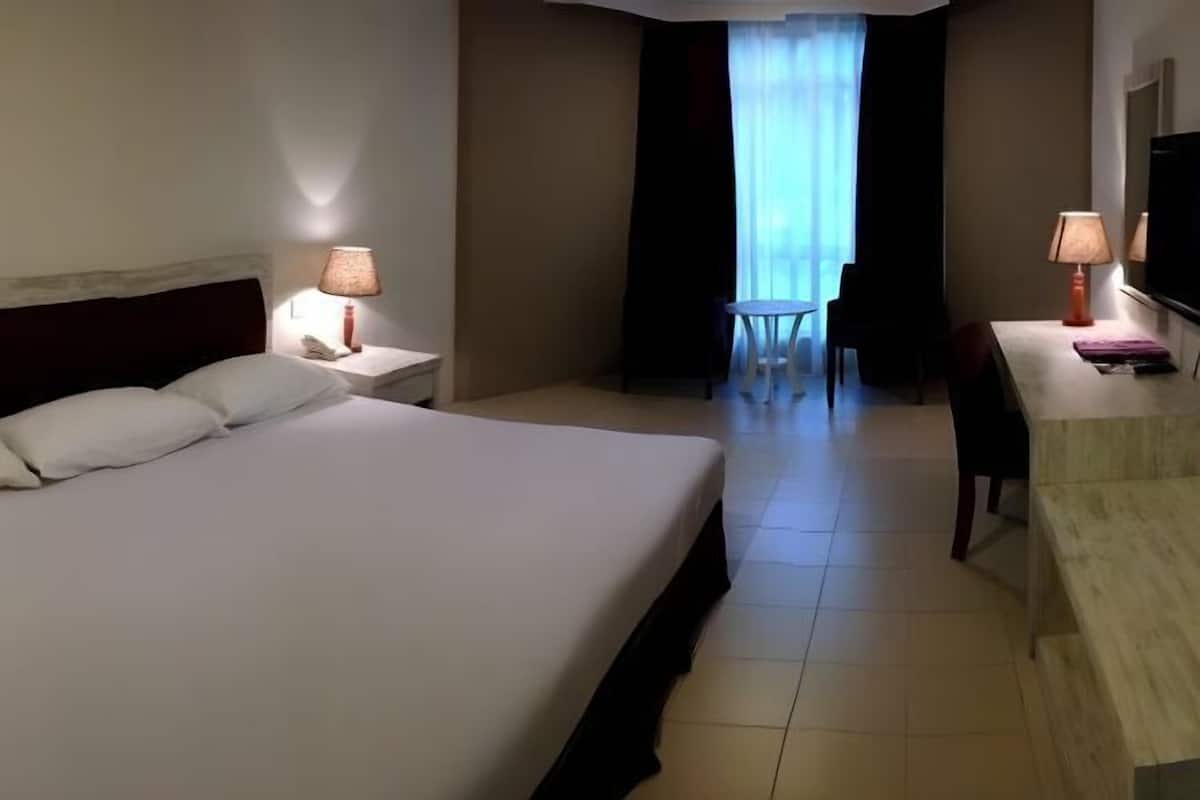 A hotel room with a bed, bedside lamps, a desk, a chair, a television, and a view of the outdoors through a window.