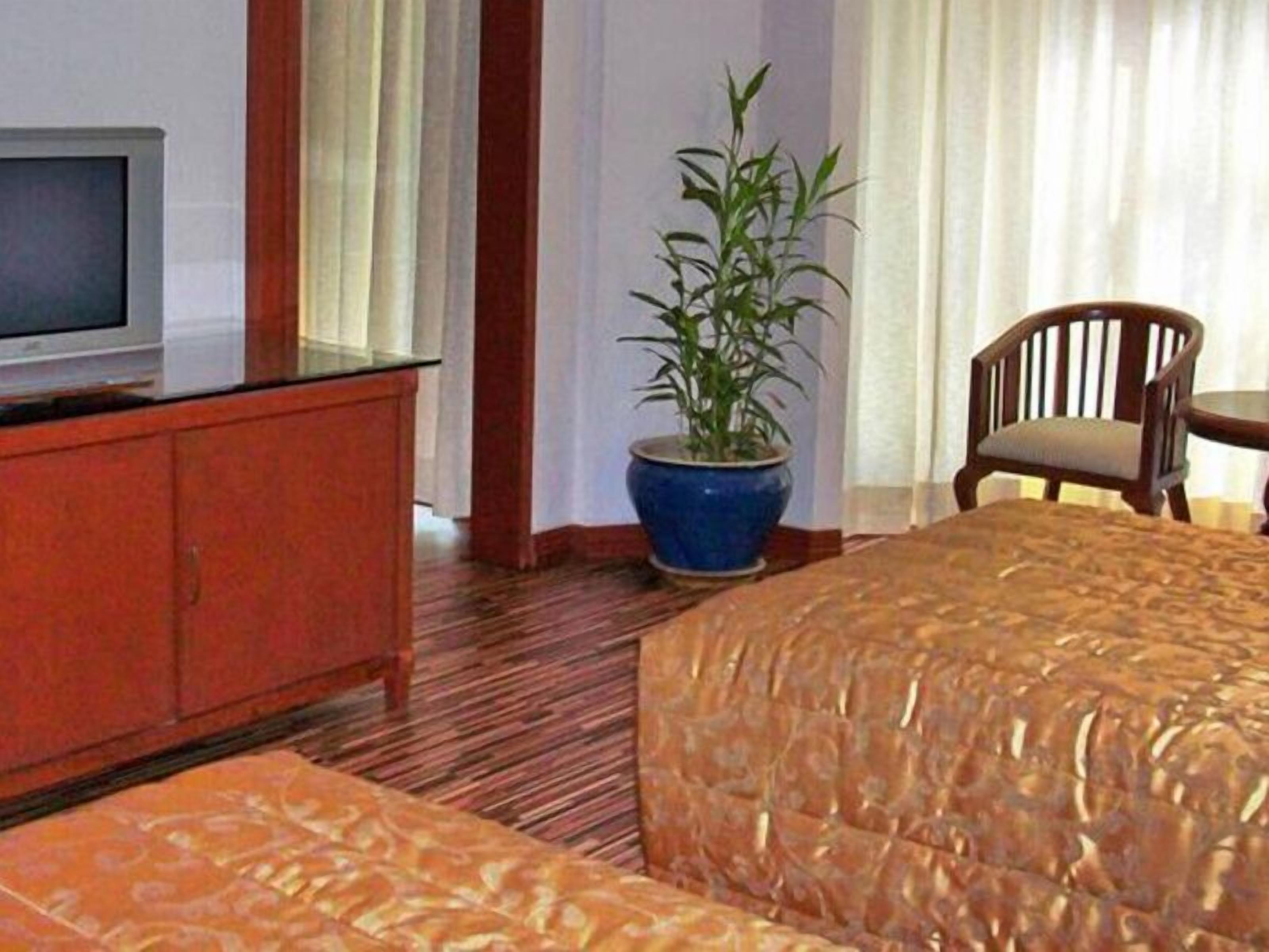 Una habitación de hotel con una cama, un escritorio de madera, un televisor y una planta en maceta.