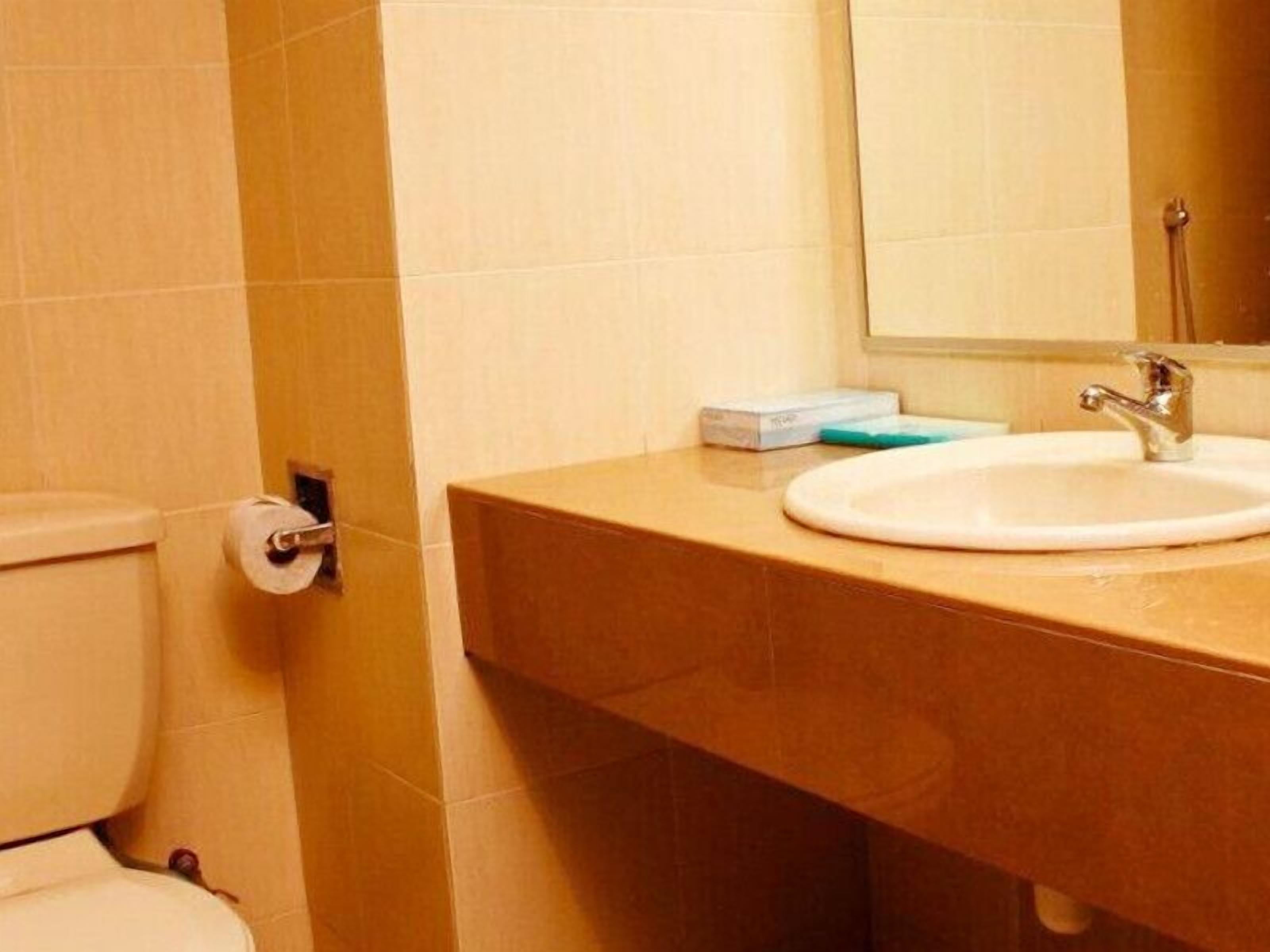 A bathroom with a toilet, a sink, and a mirror.