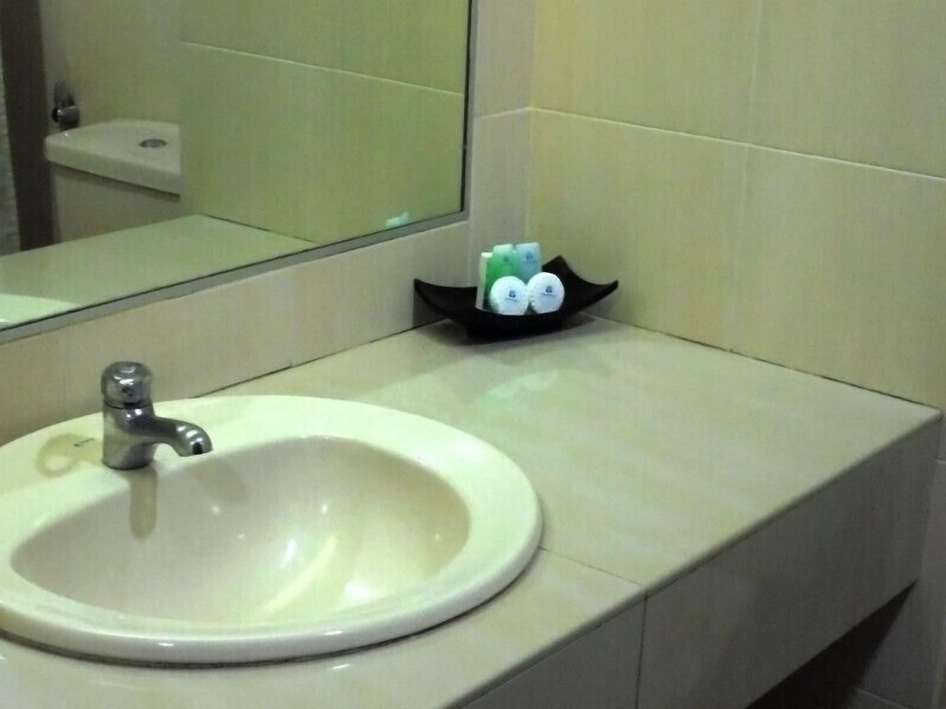 A bathroom with a white sink, a mirror, and a soap dish with two bottles.