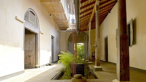 Un couloir doté d’un sol en pierre, d’un élément décoratif aquatique agrémenté de rochers et d’une plante.