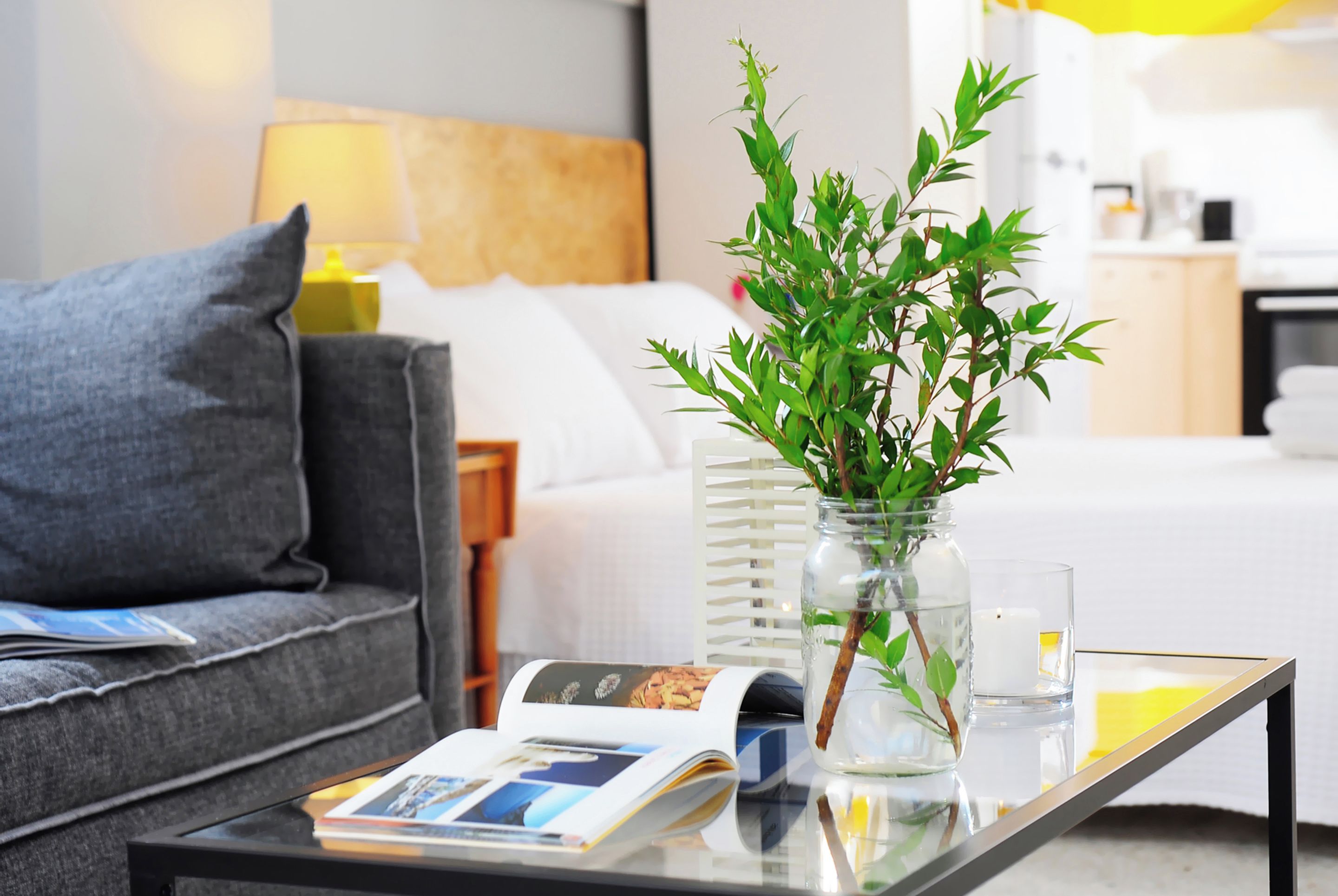 A modern hotel room with a glass coffee table, a sofa, a bed, and a small plant in a glass jar.