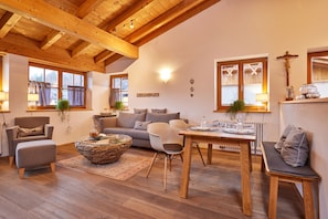 Panoramic Apartment, 1 Bedroom, Allergy Friendly, Mountain View | Living area | 40-inch flat-screen TV with satellite channels, TV, DVD player - Ferienwohnungen Zugspitze (Grainau)
