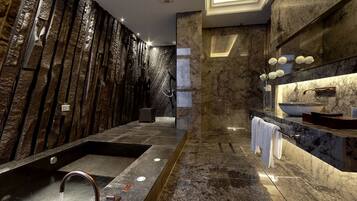 Separate tub and shower, deep soaking tub, rainfall showerhead