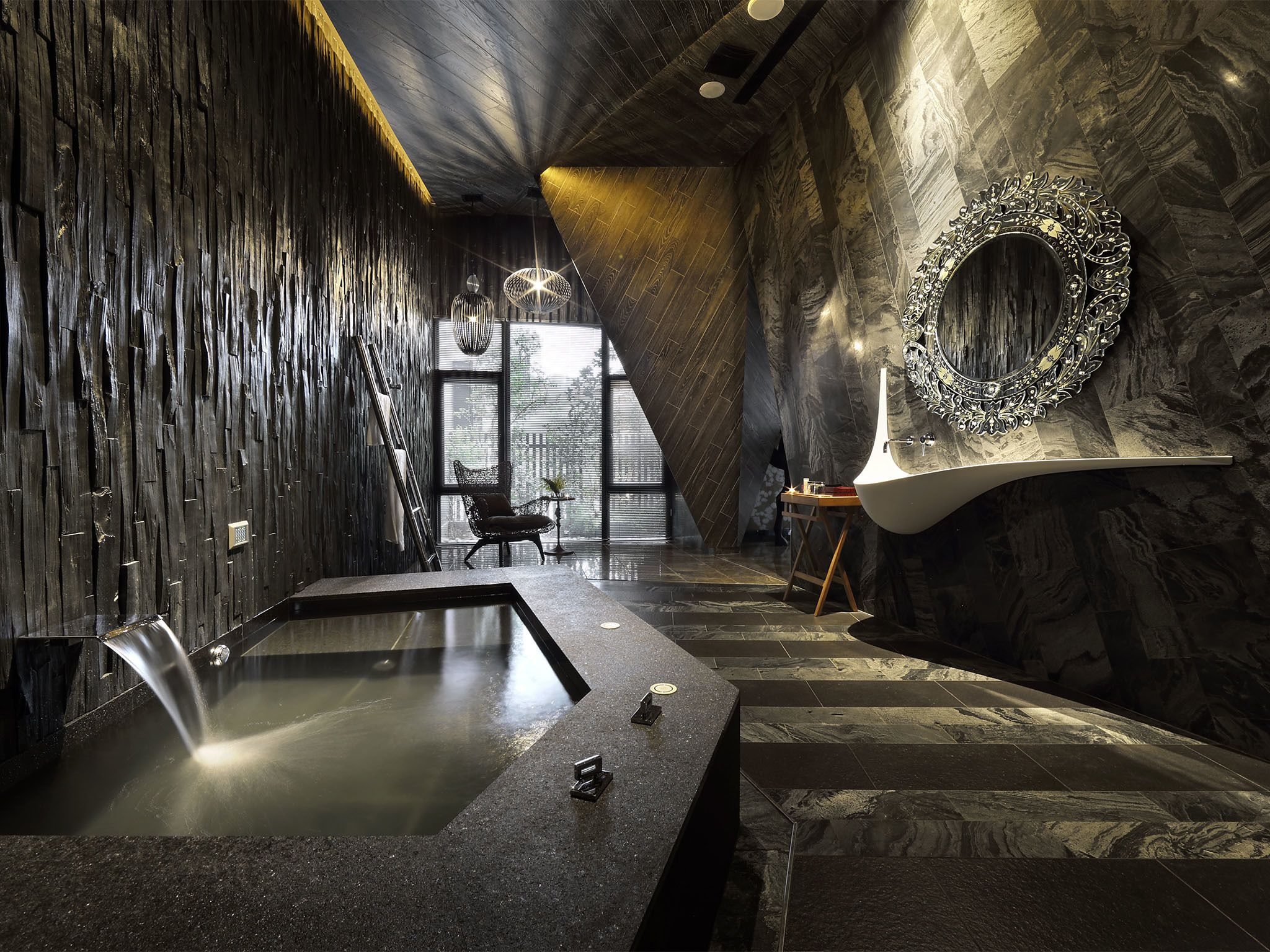 separate bathtub and shower, deep-soaking bathtub, rainfall showerhead