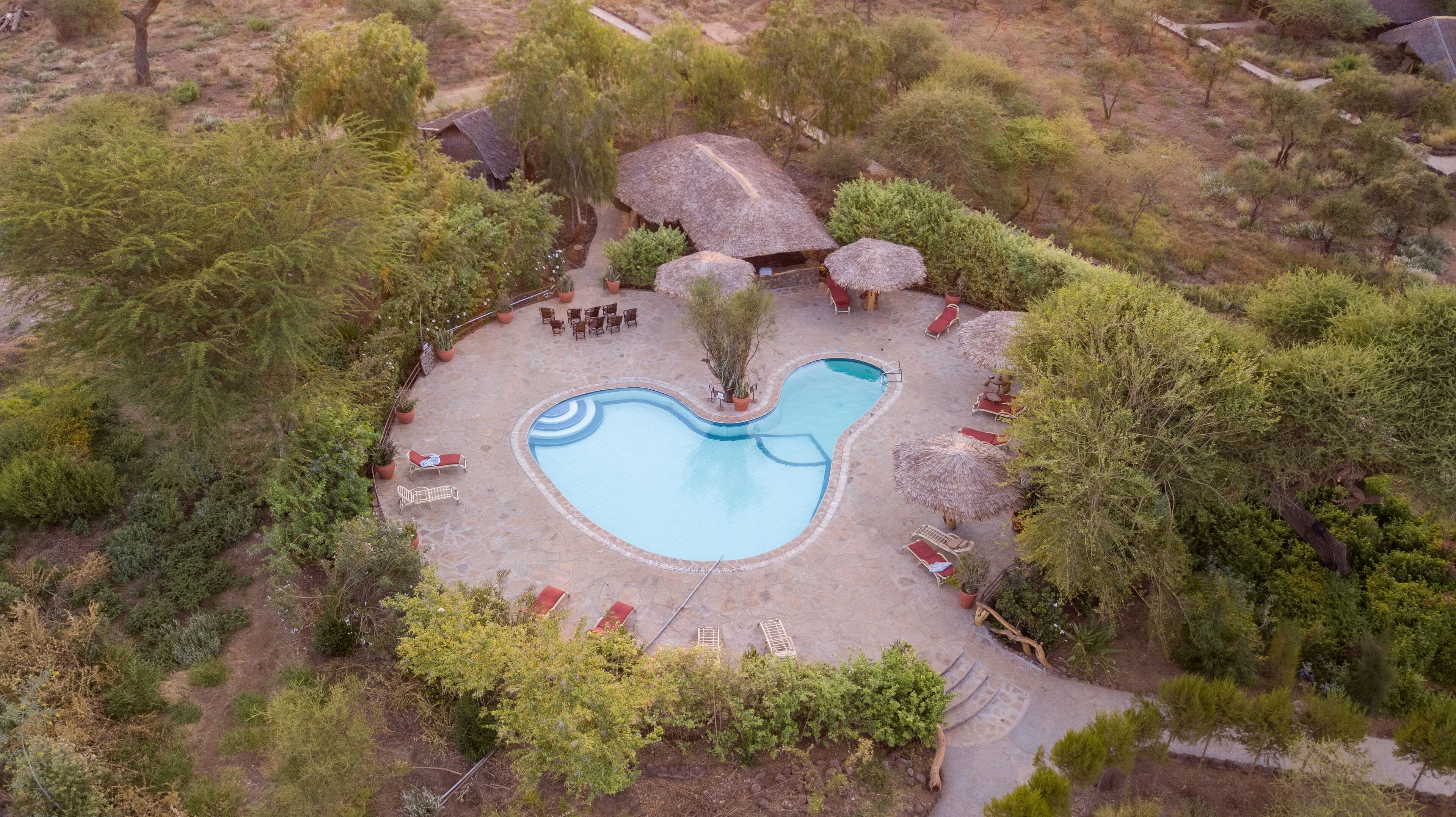 An aerial view of a resort with a central swimming pool, surrounded by lounge chairs and thatched-roof structures.