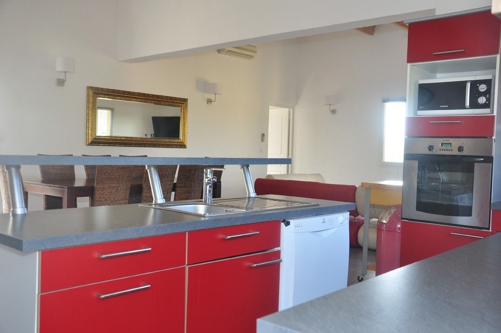 A compact kitchen with red cabinetry, a white dishwasher, and a microwave.
