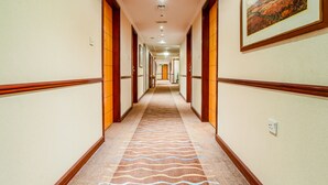 A hotel corridor with a patterned carpet, wooden doors, and framed artwork on the walls. - Landmark Summit Hotel (Dubai)