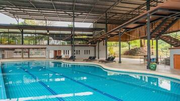 Indoor pool, outdoor pool, sun loungers