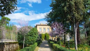 A pathway leading to a building with a symmetrical facade, surrounded by well-maintained hedges and flowering trees. - Dimora Salviati (Florence)