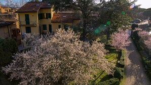 A residential area with a yellow building, a tree with pink blossoms, and a gravel path. - Dimora Salviati (Florence)