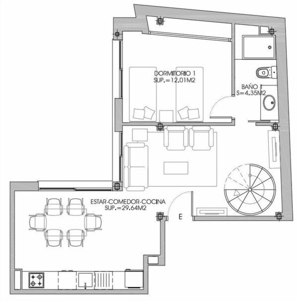 Plano de planta de una habitación de hotel con dormitorio, baño, kitchenette y comedor.