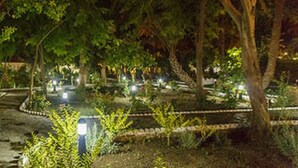 Ein Garten bei Nacht mit einem Kiesweg, Bäumen und beleuchteten Lichtern.