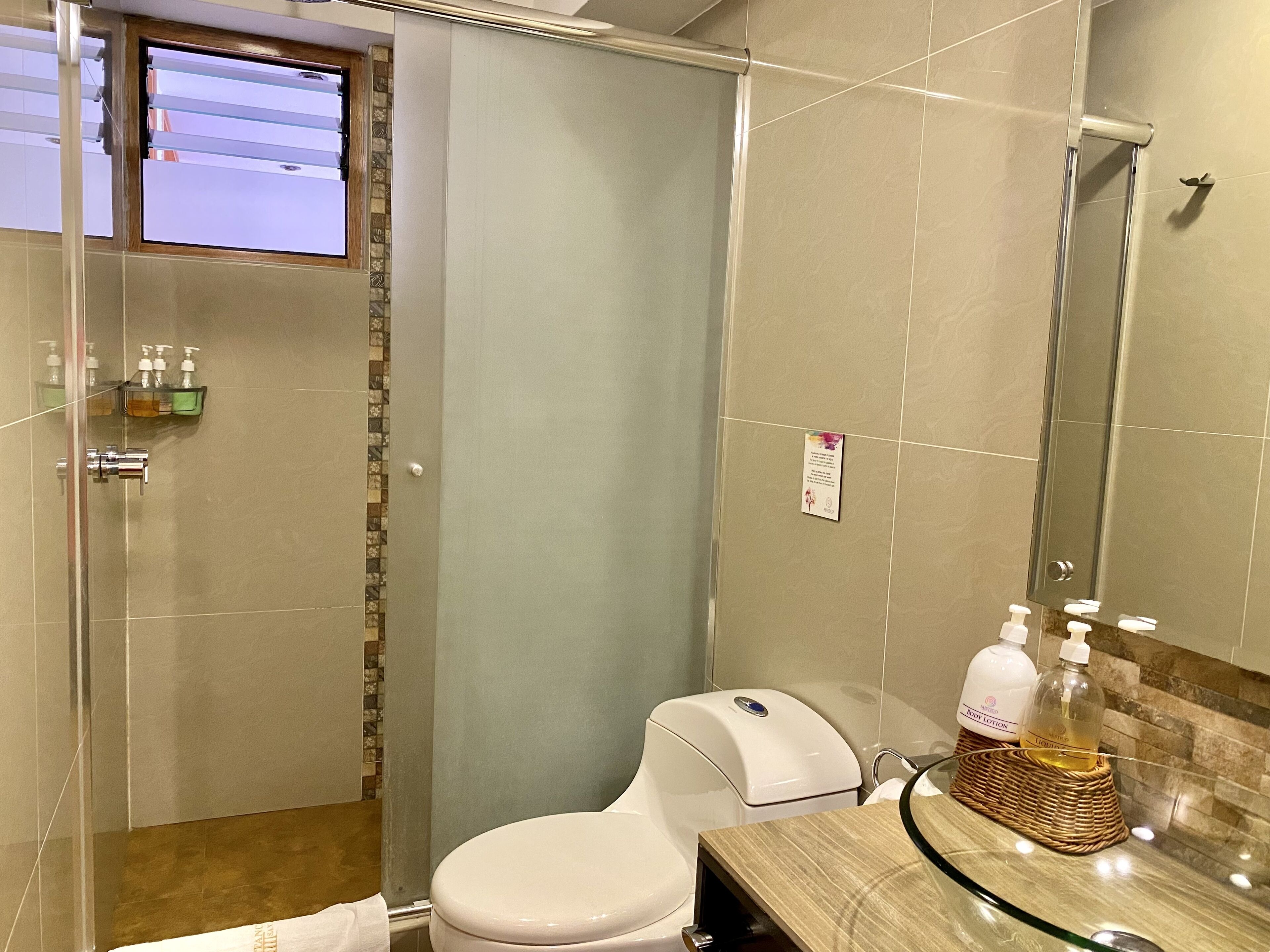 A modern bathroom with a glass-enclosed shower, a toilet, and a vanity with toiletries.