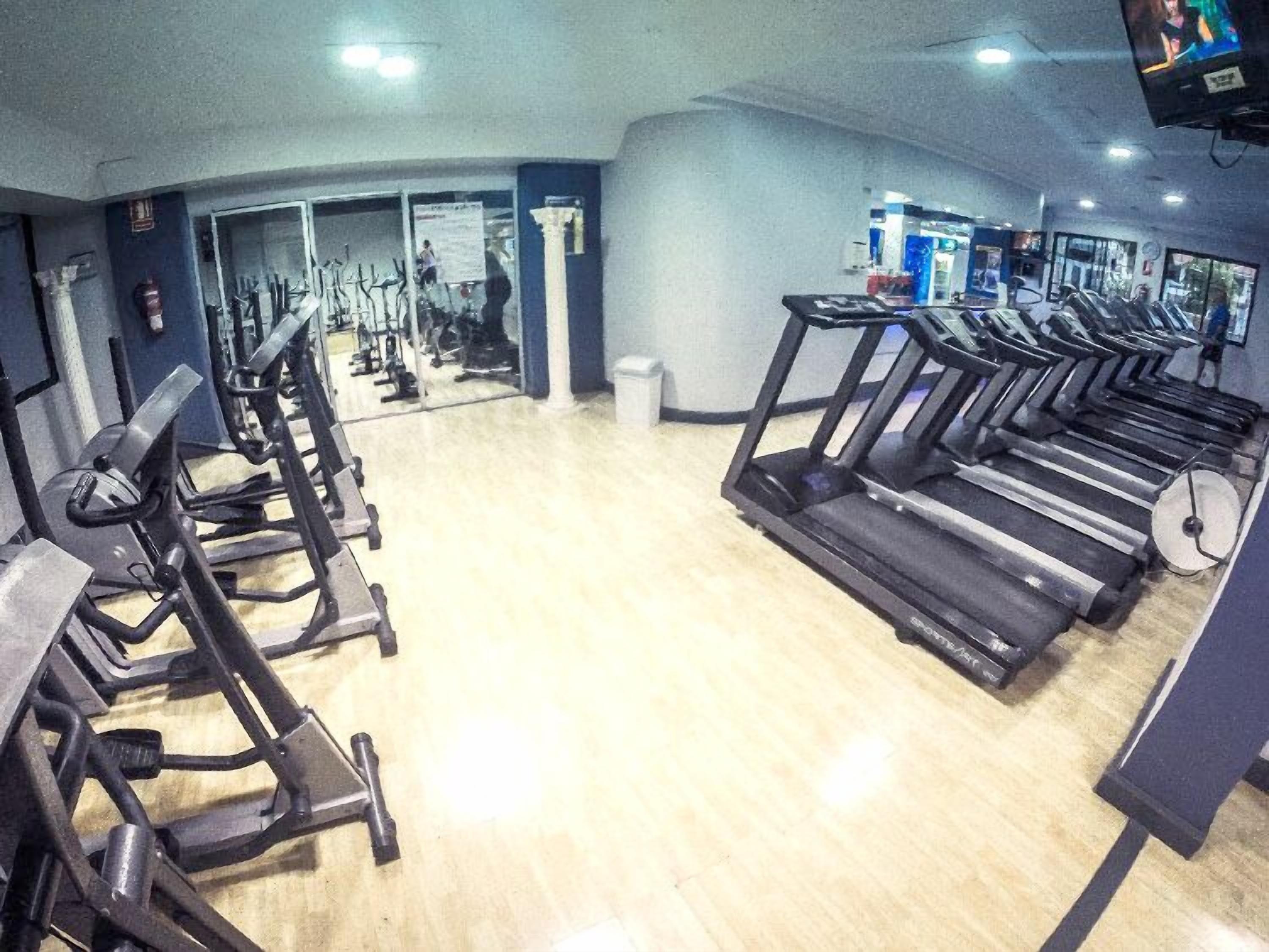 Une salle de sport équipée de plusieurs tapis de course et de plusieurs appareils elliptiques.
