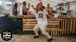 A food stall with a sign reading "Just Food" and a chalkboard menu listing items like "Southern fried chicken" and "Big Momma's veggie stack." - Zarautz Beachside Surf Camp (Zarautz)