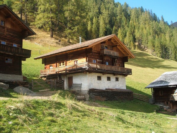 A wooden chalet with a balcony, surrounded by a forested hillside. - Ferienwohnungen am Berg - Almhütte Alfen (Innervillgraten)