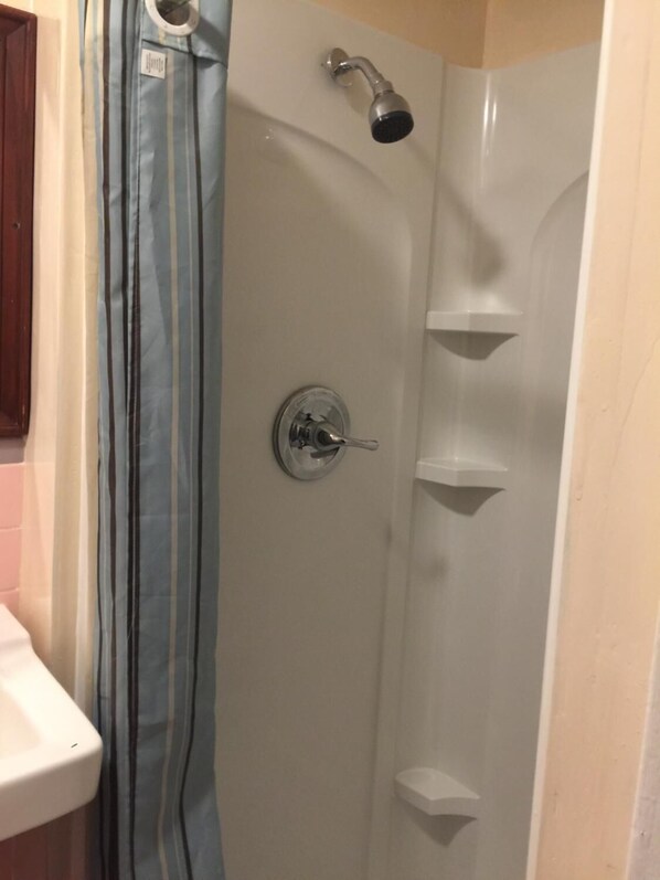 A shower with a handheld showerhead, a curtain, and a white sink to the left.
