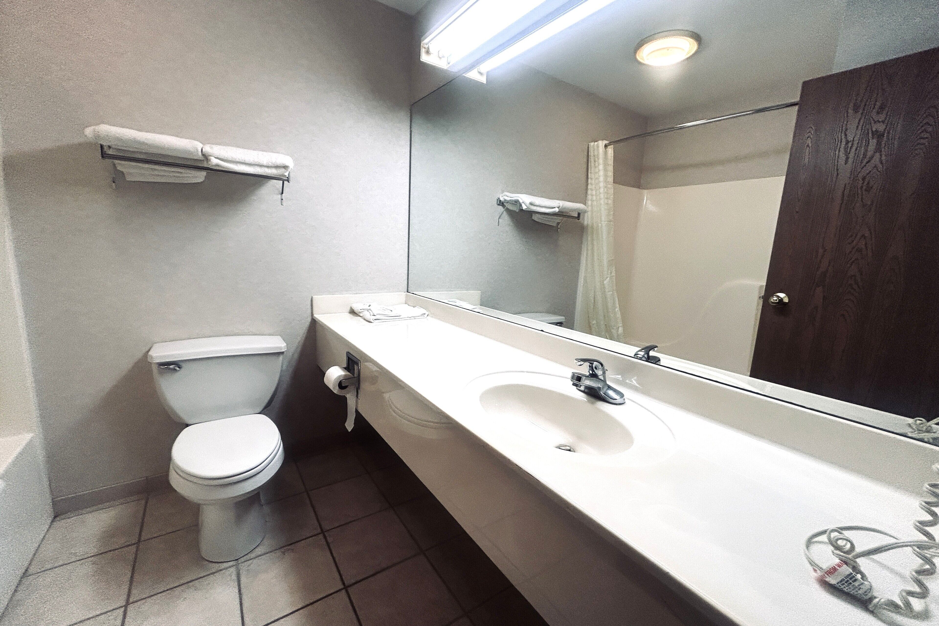 Une salle de bain équipée de toilettes, d’un lavabo, d’un miroir et d’un porte-serviettes.